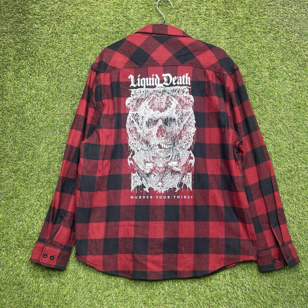 Liquid Death Flannel Shirt Mens 2XL Buffalo Plaid Collared Button Up Skulls y2k